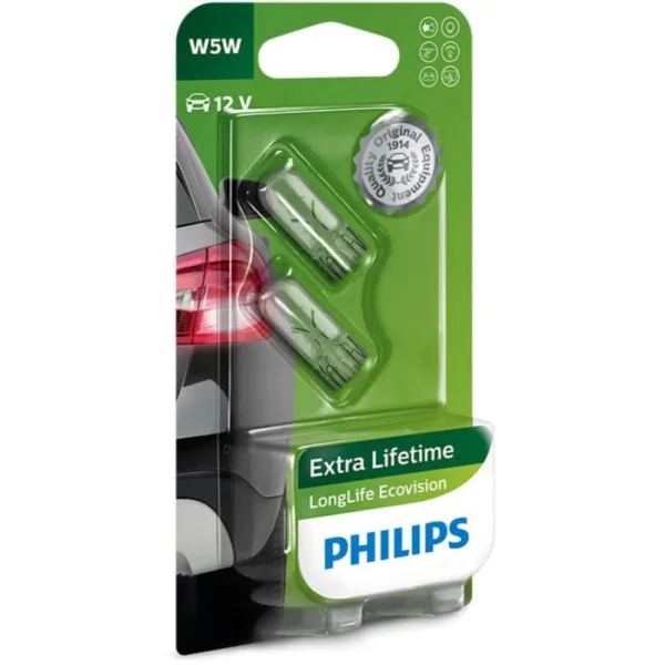 Philips W5W LongLife EcoVision pærer med op til 3x længere levetid (2 stk) Philips LongLife EcoVision x4