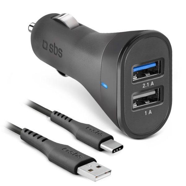 SBS USB C biloplader kit. 1A + 2.1A. 1 m. - Sort Indvendig tilbehør > Mobil tilbehør