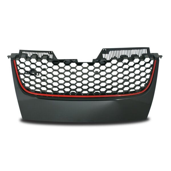 JOM Frontgrill GTI look med honey comb gitter i sort med rød liste til VW Golf 5 Styling > Frontgrill